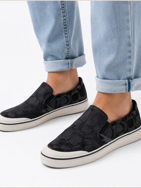 Coach ($225) Signature C Black Slip-On Sneakers Monogram Canvas Casual Shoes